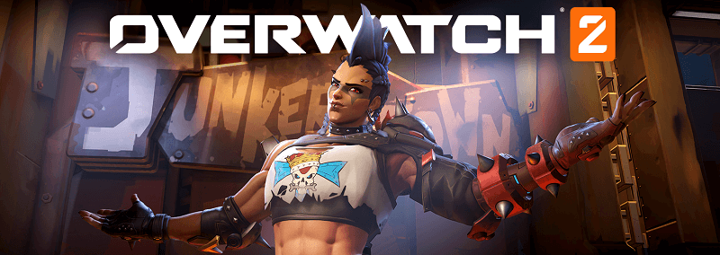 Banner image showing one of the new heroes 'Junker Queen' stood underneath text that reads 'Overwatch 2'