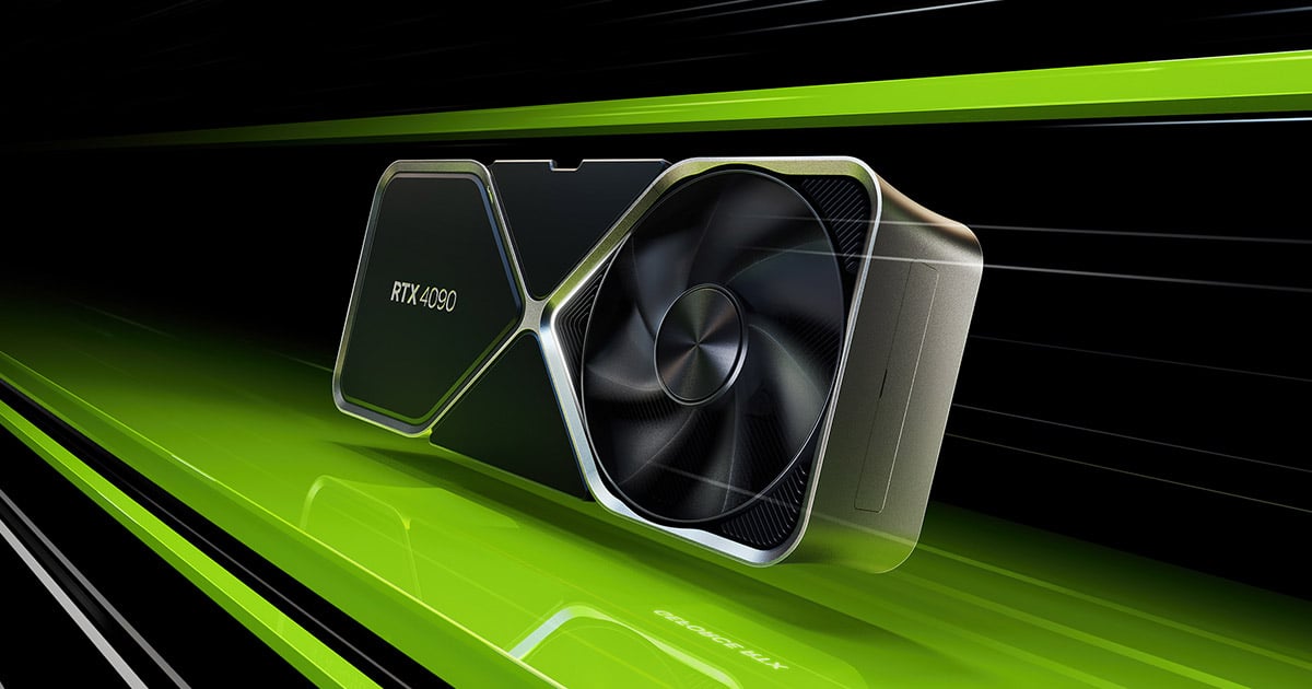 Promotional image of the Nvidia RTX 4090 GPU with a green and black background