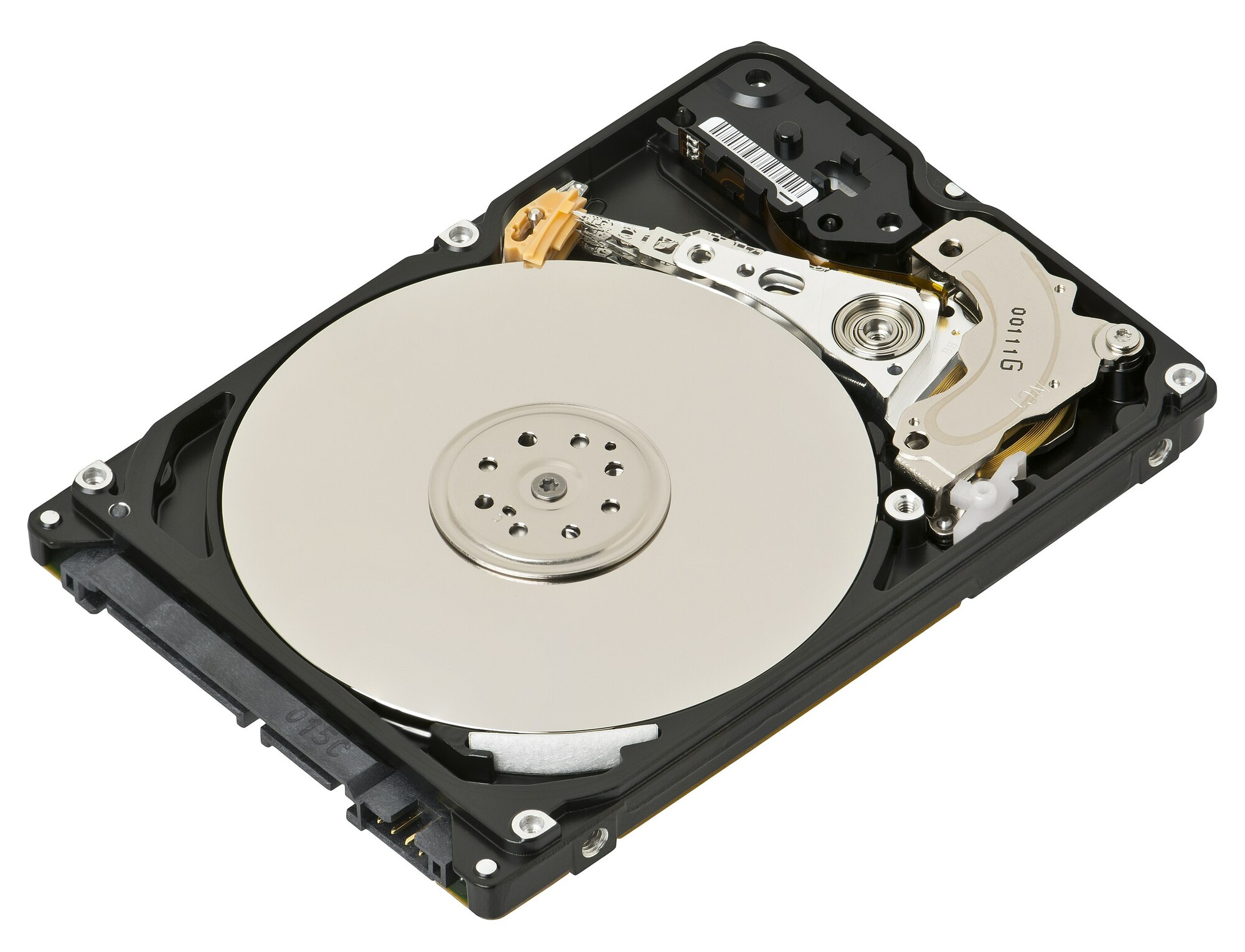 Image of inside a hard drive, showing the disk and and the arm that reads its data.