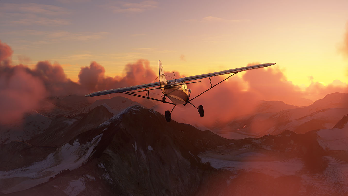 Screen capture image from Microsoft Flight Simulator 2020 showing a propeller plane flying above mountains during golden hour