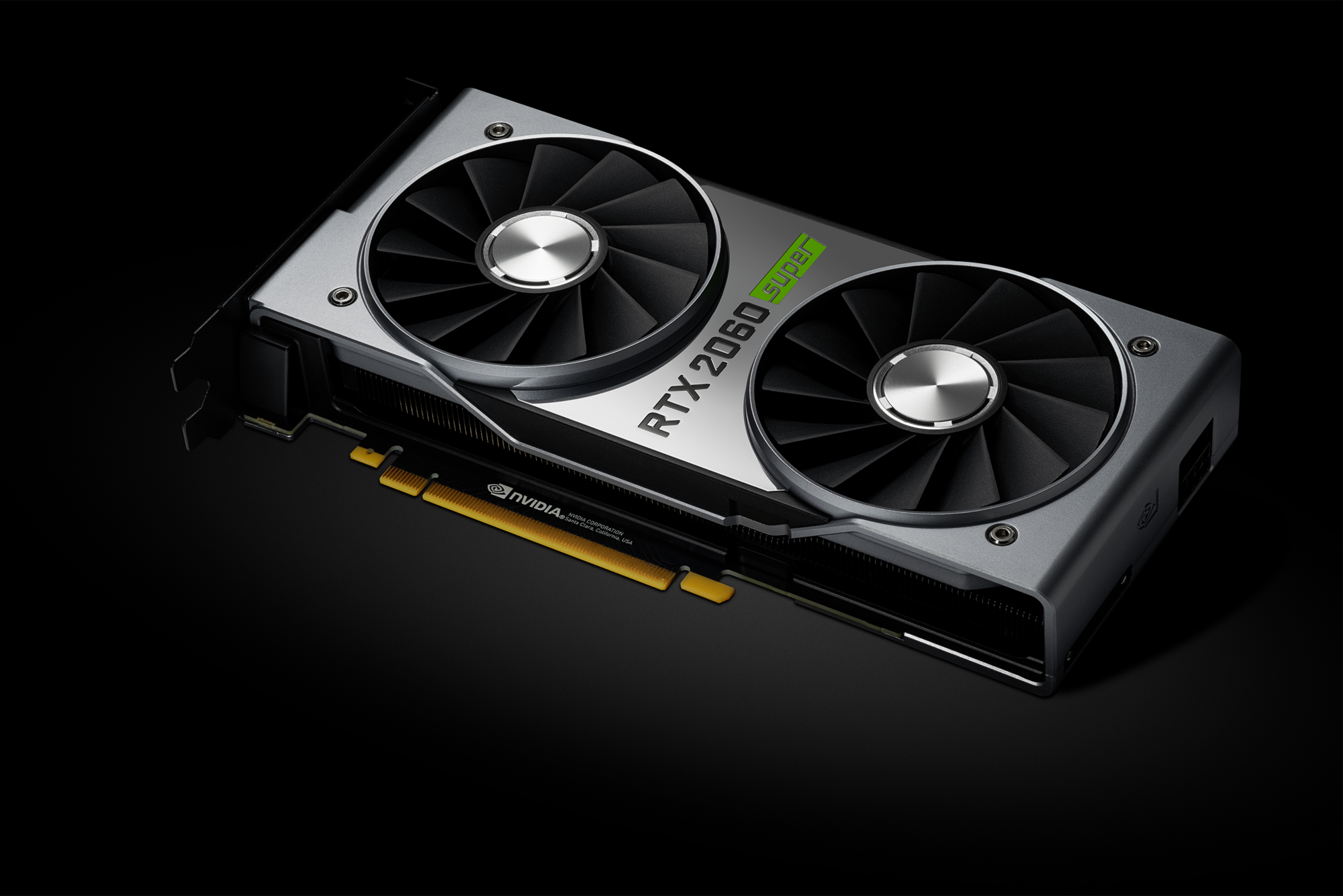 Product photo of an Nvidia RTX 2060 Super graphics card against a dark background