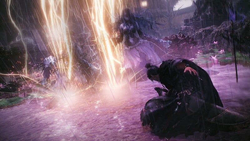 Game capture image from Wo Long: Fallen Dynasty showing a character using lightning abilities during combat