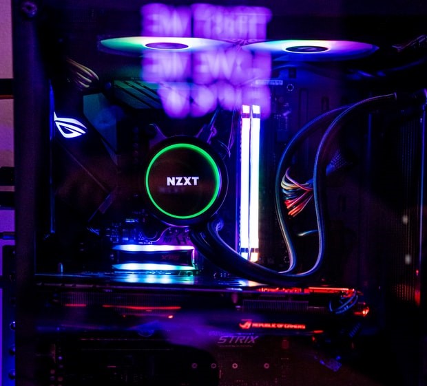 Close up of the inside of a gaming PC with RGB components 