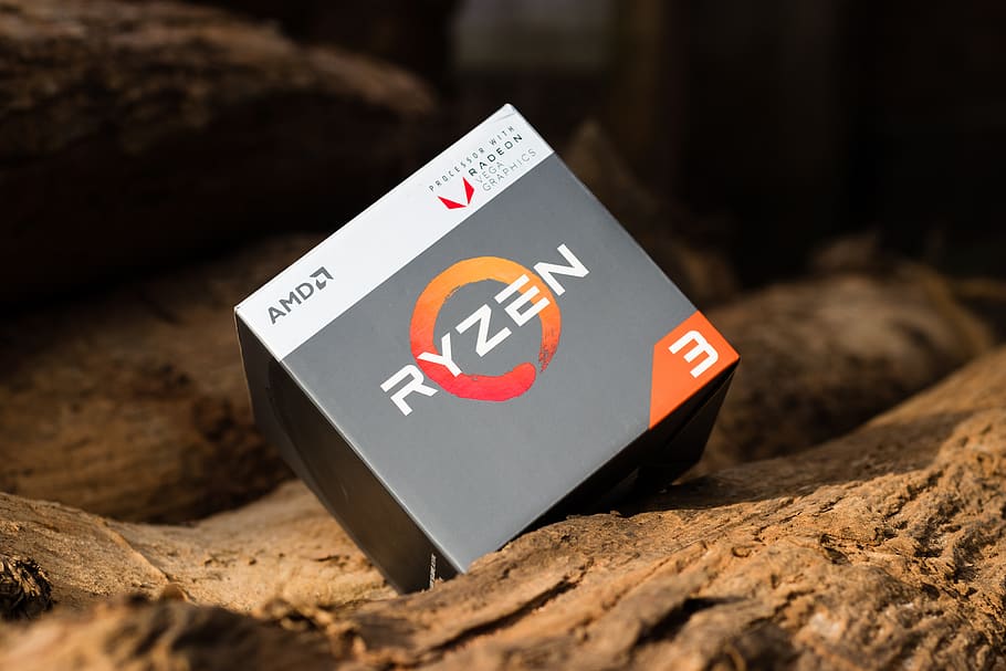 Image of an AMD Ryzen box sat on a tree trunk