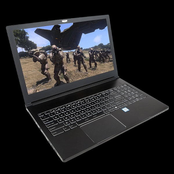 Image of the Chillblast Samurai Laptop with a shooting game on its screen