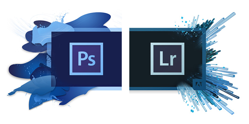 Image of the Photoshop and Lightroom logos next to each other with some artistic flair around them