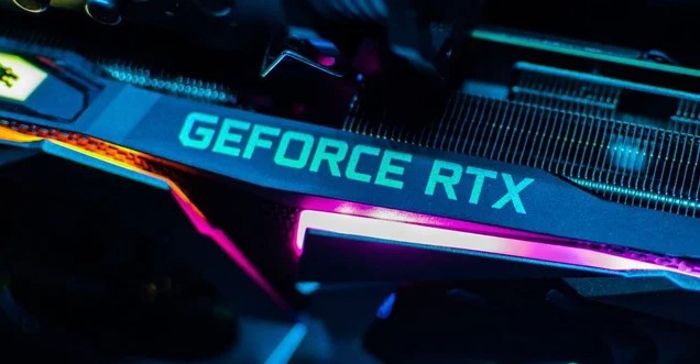 Close up of the GeForce RTX logo on the side of an Nvidia GPU