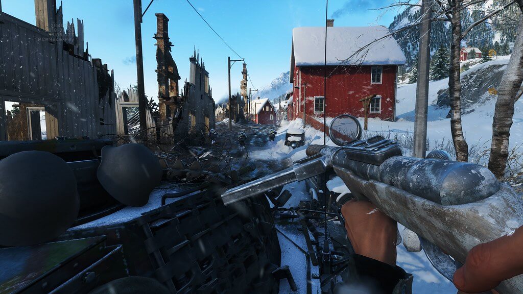 Screen capture image from Battlefield V showing a snowy village road