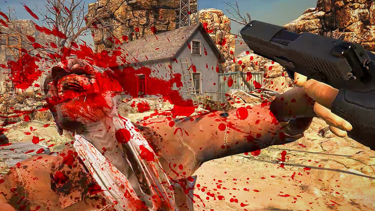 Screen capture of a zombie shooter HTC Vive VR demo game that shows a zombie being shot and falling backwards