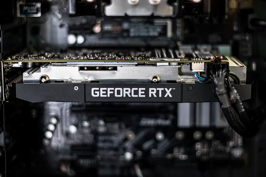 Close up of the side of an Nvidia GeForce RTX GPU within a desktop PC