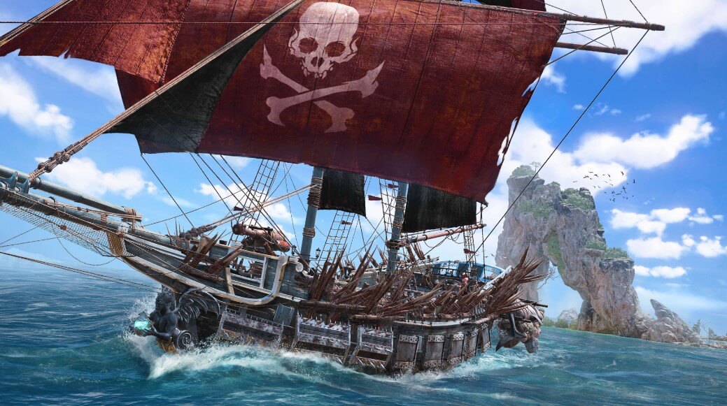 Game capture image for the game Skull and Bones showing a scary looking customised pirate ship, fitted with spikes and a reinforced hull