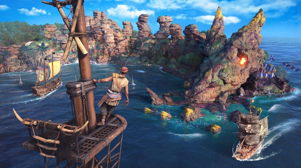Game capture image for the game Skull and Bones showing a pirate in the crows nest looking down at an island bay