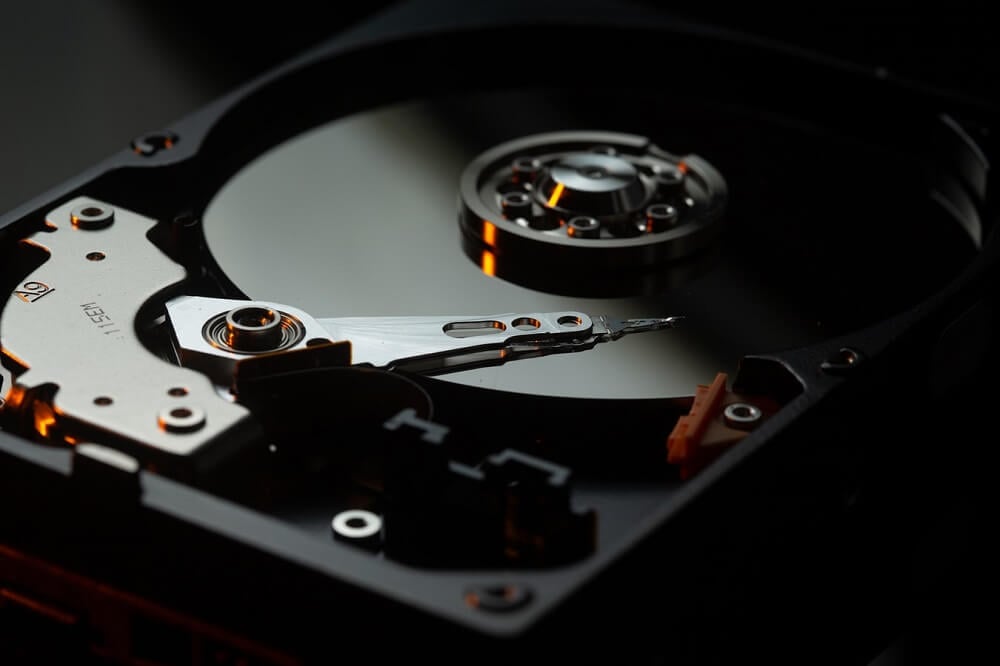 Close up of the inside of a hard drive disk