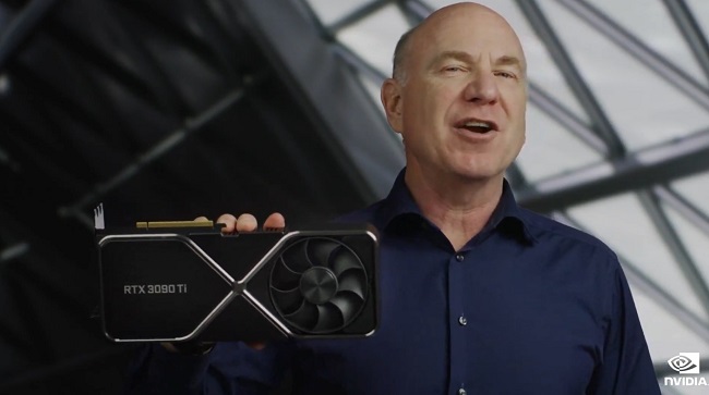 Screenshot from an Nvidia promo video of a man holding a RTX 3090 Ti GPU to the camera