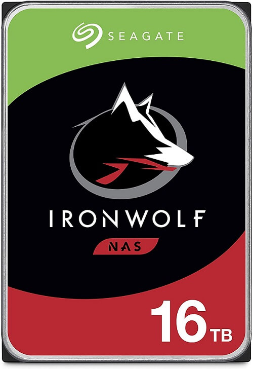 Image of the front of a 16TB Seagate Iron Wolf NAS hard drive useful for video editing