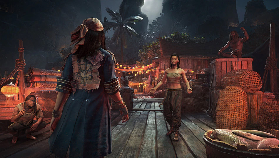 Game capture image for the game Skull and Bones showing a dock-side meeting between various characters
