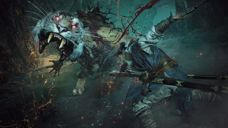 Game capture image from Wo Long: Fallen Dynasty showing a character battling a mutated-looking tiger creature