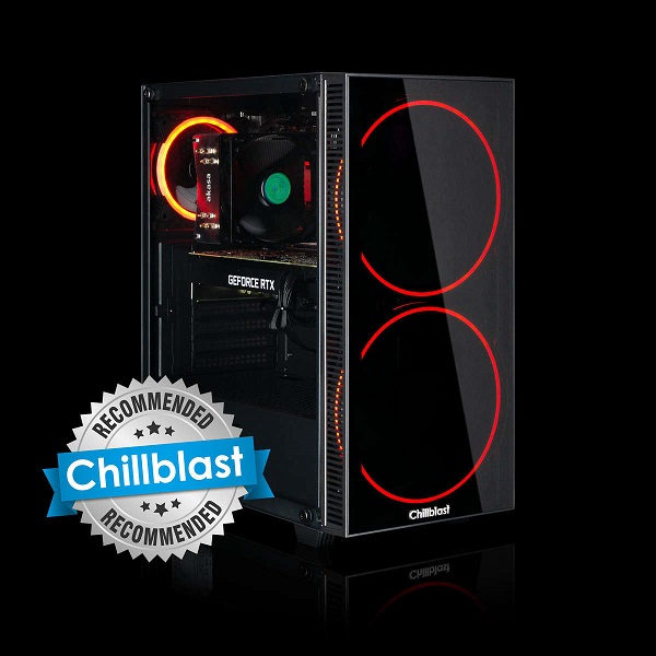 Image of the Chillblast Fusion RTX 3070 gaming PC against a dark background