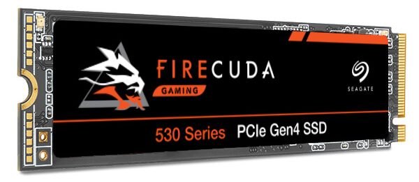 Close up of the front of a Seagate FireCuda 530 Series NVMe storage drive for video editing